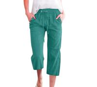 Pantalon 7/8 uni en lin mélangé pour femme, coupe ample, pantalon décontracté avec poches, Vert foncé., M