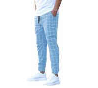 Pantalon à carreaux pour homme | Pantalon décontracté en coton et lin avec cordon de serrage | Taille élastique Slim Fit Lacets pour homme | Pantalon chino classique à carreaux, bleu ciel, 41-44.5