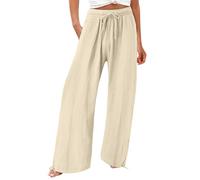 Pantalon à cordon de serrage pour femme, pantalon taille haute en lin - Pantalon de plage large de couleur unie - Pantalon palazzo léger - Pantalon de sortie confortable en coton et lin - Pantalon