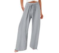 Pantalon à cordon de serrage pour femme, pantalon taille haute en lin - Pantalon de plage large de couleur unie - Pantalon palazzo léger - Pantalon de sortie confortable en coton et lin - Pantalon