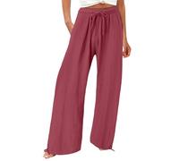 Pantalon à cordon de serrage pour femme, pantalon taille haute en lin - Pantalon de plage large de couleur unie - Pantalon palazzo léger - Pantalon de sortie confortable en coton et lin - Pantalon