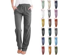Pantalon à jambe droite pour femme, pantalon taille élastique avec cordon de serrage pour femme, pantalon large de couleurs unies avec poches à six boutons, coupe décontractée, pantalon de plage ample