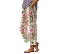 Pantalon à jambe large à imprimé floral, pantalon palazzo taille haute en coton extensible et lin pantalon court coupe régulière pantalon décontracté confortable avec poches latérales, rose, 3XL