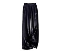 Pantalon à jambe large pour femme - Pantalon d'été en satin de soie et taille élastique Y2K - Pantalon décontracté à jambe droite, Noir , XS