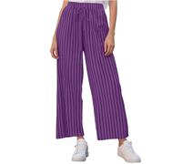 Pantalon à jambe large pour femme - Pantalon en lin - Grande taille - Rayures amples - Coton et lin - Décontracté - Pour l'été, violet, M