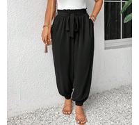 Pantalon À Jambes Effilées Noires Pour Femmes De Grande Taille Avec Bande Élastique À La Taille Et Ourlet Plissé 0XL,1XL,2XL,3XL,4XLUnicoloreTissu tissé