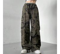 Pantalon à jambes évasées avec imprimé camouflage et cordon de serrage à la taille, pantalon ample vert à jambes droites naturelles pour femmes, poches, pour un port casual en fin d'automne. Tenue quo