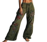 Pantalon à jambes larges pour femmes UK Petite Plus Size en coton et lin - Pantalon Hippie décontracté indien Gypsy Genie - Vêtements vintage bohèmes à motifs floraux pour l'été, plage et yoga, 2