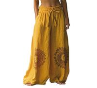Pantalon à jambes larges pour femmes UK Petite Plus Size en coton et lin - Pantalon Hippie décontracté indien Gypsy Genie - Vêtements vintage bohèmes à motifs floraux pour l'été, plage et yoga, 1