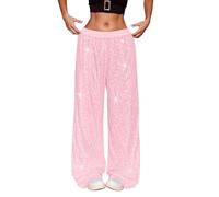 Pantalon à Paillette Femme Disco Pantalon Taille Haute Femme Large avec Sequins Décontracté Tenue Disco Baggy Pantalons Jambe Large Jogging Rétro Elastique Couleur Unie Trouser de Fête Soirée