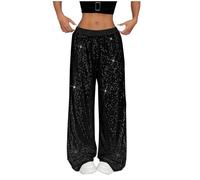 Pantalon à paillettes à jambes larges, pantalon noir à paillettes pour femme - Pantalon de danse de rave, de couleur unie, pantalon vintage doux, décontracté, brillant, doux et extensible à la taille