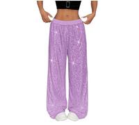 Pantalon à paillettes à jambes larges, pantalon noir à paillettes pour femme - Pantalon de danse de rave, de couleur unie, pantalon vintage doux, décontracté, brillant, doux et extensible à la taille