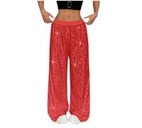 Pantalon à paillettes à jambes larges, pantalon noir à paillettes pour femme - Pantalon de danse de rave, de couleur unie, pantalon vintage doux, décontracté, brillant, doux et extensible à la taille
