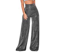 Pantalon À Paillettes Femme Tenue Disco Baggy Pantalons Jambe Large Jogging Rétro Elastique Couleur Unie Taille Haute Pants Confortable Année 80 Deguisement Cocktail Clubwear Streetwear (Bronze, XL)