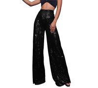 Pantalon à Paillettes pour Femme - Pantalon de Soirée Cocktail pour Femme Chic Pantalon Palazzo Paillettes Pattes d´Éléphant Haute Taille Pantalon Long métallique Brillant Chic Vintage Danse Bal
