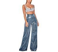 Pantalon à paillettes pour femme - Taille haute - Jambe large - Pantalon long décontracté à paillettes avec fermeture éclair dans le dos - Pantalon évasé tendance - Couleur unie, bleu, S