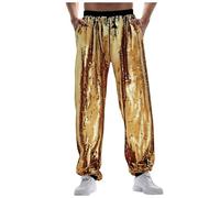 Pantalon à paillettes pour homme - Argenté brillant - Pantalon métallique à paillettes dorées - Tenue disco des années 80 - Pantalon de jogging métallique - Pantalon de festival hip-hop - Pour