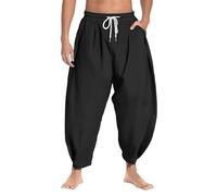 Pantalon Aladin en lin pour homme - Pantalon sarouel avec cordon de serrage - Taille élastique - Pantalon baggy - Pantalon japonais léger - Pantalon d'été hip hop - Pantalon de jogging baggy