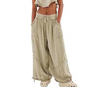 Pantalon Ample Décontracté en Coton et Lin pour Femmes Pantalon Lanterne à Taille Élastique et Coupe Décontractée Pantalon Sarouel D'été pour la Plage (Color : Beige, Size : XL)
