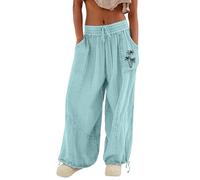 Pantalon ample décontracté pour femme, respirant, léger, en noix de coco, brodé, taille élastique, avec cordon de serrage et poches, bleu clair, XXL