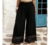 Pantalon ample décontracté pour femmes avec taille élastique, jambes larges et détails en dentelle rétro 0XL,1XL,2XL,3XL,4XLUnicoloreTissu tissé