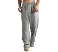 Pantalon ample en coton et lin pour homme - Coupe ample - Pantalon droit décontracté avec cordon de serrage - Pantalon de yoga léger - Pantalon de rugby avec poches - Couleurs unies - Taille S à 3XL,