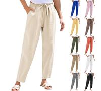 Pantalon ample en coton pour femme - Pantalon court confortable en lin - Taille extensible - Pantalon long droit pour sortir - Couleur unie - Pantalon de plage d'été, Rouge, S