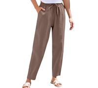 Pantalon ample en coton pour femme, pantalon de plage d'été de couleur unie, pantalon court en lin confortable, taille extensible, pantalon de détente droit long pour sortir, café, L
