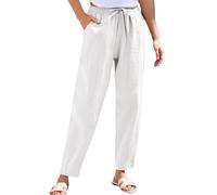 Pantalon ample en coton pour femme, pantalon de plage d'été de couleur unie, pantalon court en lin confortable, taille extensible, pantalon de détente droit long pour sortir, blanc, S