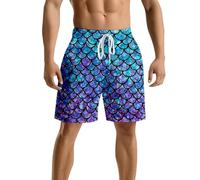 Pantalon arc-en-ciel pour homme - Maillot de bain sirène avec imprimé écailles de poisson - Multicolore fluo - Cordon de serrage - Séchage rapide - Pantalon de plage décontracté - Short hippie coloré