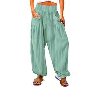 Pantalon baggy décontracté en coton et lin pour femme - Coupe ample - Jambe large - Pantalon de jogging - Pantalon sarouel à enfiler - Confortable - Sac en papier - Pantalon de travail - Pantalon de