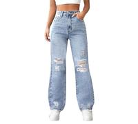 Pantalon baggy pour femme - Jean déchiré - Taille haute - Pantalon évasé à jambe large - Style décontracté - Streetwear décontracté - Braguette à boutons - Pantalon large - Coupe ample - Pantalon à