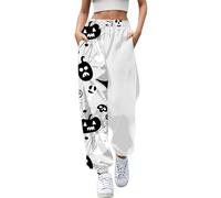 Pantalon blanc extensible pour femme - Pantalon de loisirs imprimé Halloween - Pantalon de jogging confortable - Pantalon souple avec taille élastique pour un usage quotidien - Pantalon de vélo de