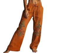 Pantalon bohème pour femme - Motif floral brodé - Rétro - Avec poches - Taille haute - Élastique - Cordon de serrage - Léger - Pantalon de jogging ample - Respirant et décontracté, Orange, L