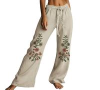 Pantalon bohème pour femme - Motif floral brodé - Rétro - Avec poches - Taille haute - Élastique - Cordon de serrage - Léger - Pantalon de jogging ample - Respirant et décontracté, beige, M