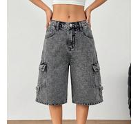 Pantalon capri cargo ample en denim gris pour fille préadolescente, style décontracté Y2K, été, rentrée scolaire 8Y,9Y,10Y,11Y,12YUnicoloreJean