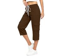 Pantalon capri cargo en coton pour femme - Léger et respirant - Coupe ample - Coupe droite - Taille élastique - Cordon de serrage - Pantalon court avec poches, marron, XL