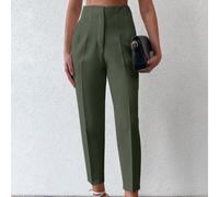 Pantalon capri décontracté pour femmes grandes tailles, vert armée, couleur unie, avec détails plissés et pliés Tall S,Tall M,Tall L,Tall XLUnicoloreÉtoffe