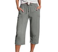 Pantalon capri femme coton et lin couleur unie large pantalon 3/4 été confortable léger Pinocchietti femme grande taille vacances bermudas respirant au genou court Pinocchietto Cropped, gris, M