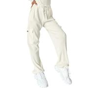 Pantalon cargo ample en velours côtelé pour femme - Pantalon de sécurité décontracté - Taille élastique - Cordon de serrage - Jambe droite - Pantalon long avec poche à rabat, blanc, M