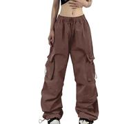 Pantalon cargo baggy pour femme - Jambes larges - Hip Hop Y2K - Streetwear - Pantalon de jogging avec élastique - Oversize - Vintage des années 90 - Pantalon de parachute - Pantalon cargo, O Marron