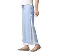 Pantalon Cargo Bleu Pantalon Capri à Jambe Large avec Boucle de Bloc de Couleur pour Femmes Pantalon Court Double Couche en Coton et Lin Short Jupe Pyjama