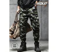 Pantalon cargo décontracté de camouflage pour hommes, 100% polyester tissu non extensible, coupe régulière, avec cordon de serrage à la taille et poches à rabat, pantalon cargo pour l'extérieur, print