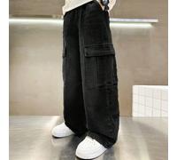 Pantalon cargo denim à taille haute ample et jambes droites pour garçons pré-adolescents 10Y,11Y,12Y,13YUnicoloreJean