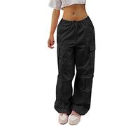 Pantalon cargo droit attaché grande taille pour femme, jambe large, ample, décontracté, contrôle du ventre, Noir , L