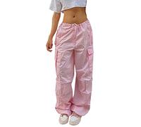 Pantalon cargo droit attaché grande taille pour femme, jambe large, ample, décontracté, contrôle du ventre, rose, M