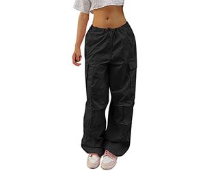 Pantalon cargo droit attaché grande taille pour femme, jambe large, ample, décontracté, contrôle du ventre, Noir , L