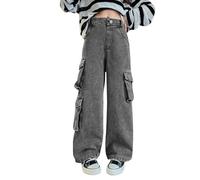 Pantalon cargo en denim ample à jambes larges et poches multiples pour adolescentes, taille haute, jeans rétro délavés, streetwear, tendance, décontracté, pantalon en jean droit, gris foncé, 9-10 ans