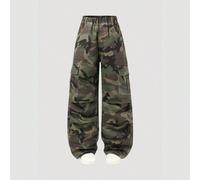 Pantalon cargo en denim camouflage pour fille ado/pré-ado, style de rue décontracté toutes saisons, couleur camouflage vert armée, design multi-poches, processus de lavage, coupe cargo ample à jambes 