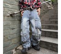 Pantalon cargo en jean ample à jambe large, multi-poches, délavé clair, style décontracté pour homme en automne. Pantalon cargo ample et uni, bleu clair lavé, idéal comme cadeau pour mari ou petit ami